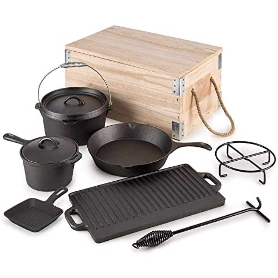 8 Piece Pre-Seasoned Dutch Ove - đánh giá và giá Vintage Camping Cooking Set